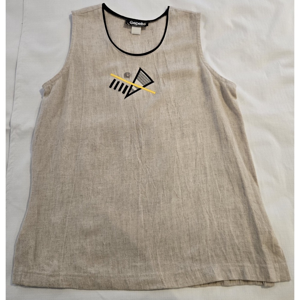 VTG Gepetto Linen Women's Tan w/ Black Sleeveless Top MCM Embellishment‎ Small